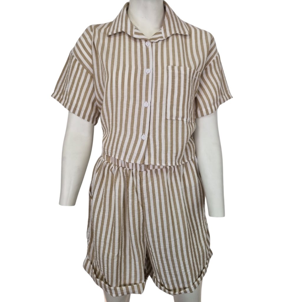 LADS POLY LINEN LOOK TOP & SHORT - STONE
